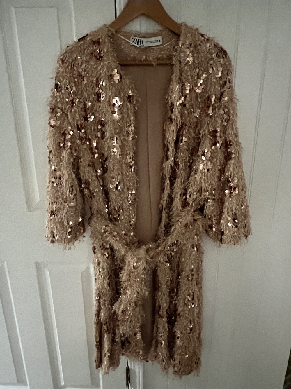 ZARA Champagne Gold Sequin Fuzzy Coat